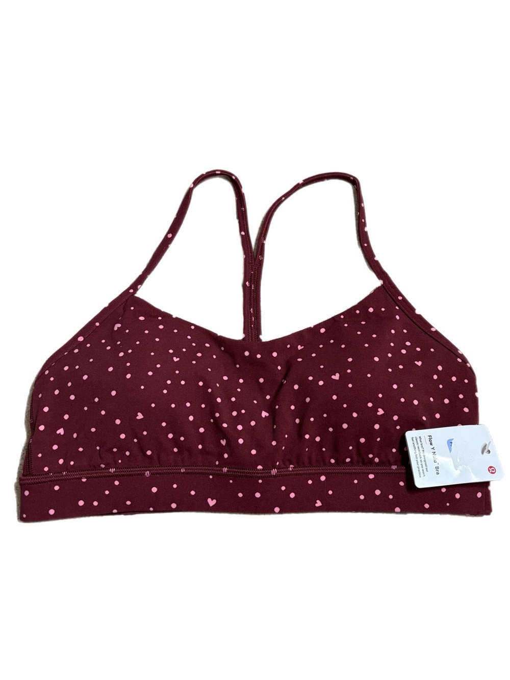 NWT Lululemon Flow Y Bra Nulu (Heart Scatter Dot Burgundy Bay/Candy Cloud) 10